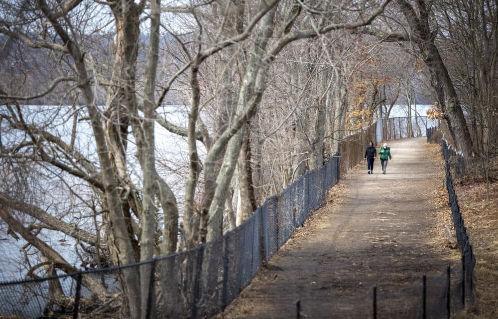 Two walkers, out on a warm March day, make their way around Fresh Pond. (Robin Lubbock/WBUR)