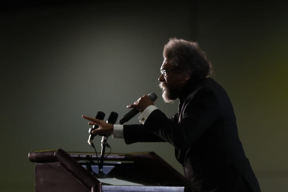 Cornel West speaks at a campaign rally for Democratic presidential candidate Sen. Bernie Sanders, in 2020. (Paul Sancya/AP)