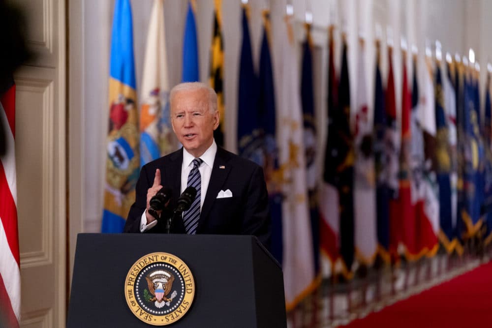 President Joe Biden speaks about the COVID-19 pandemic during a prime-time address from the East Room of the White House, Thursday, March 11. (AP Photo/Andrew Harnik)