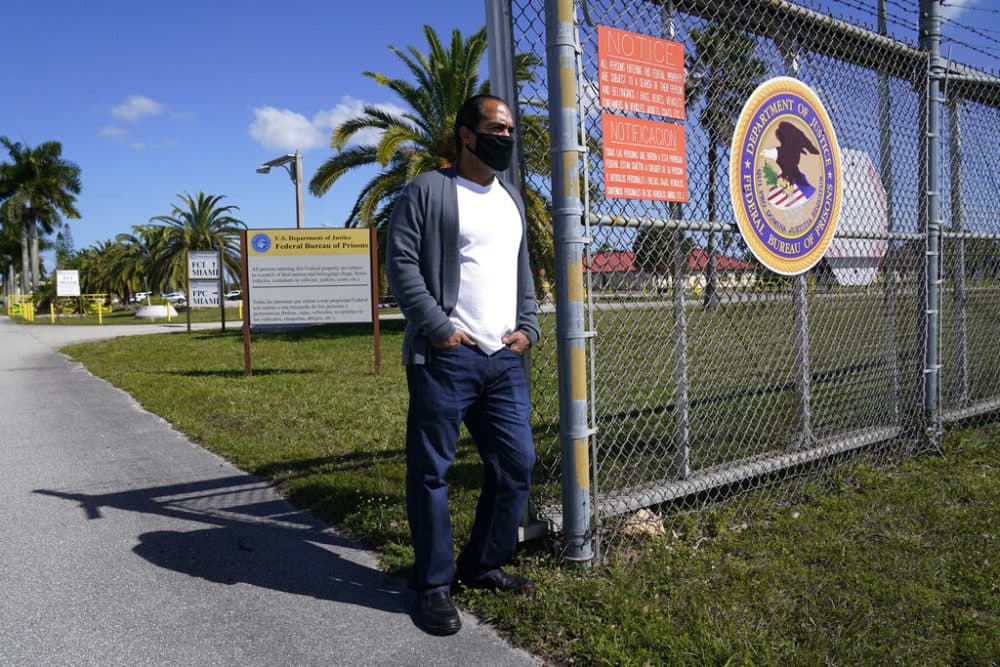 Kareen Troitino stands outside the Federal Corrections Institution, March 12, 2021, in Miami. Troitino, a local correction's officer union president, said that fewer than half of the facility's 240 employees have been fully vaccinated as of March 11. (Marta Lavandier/AP)