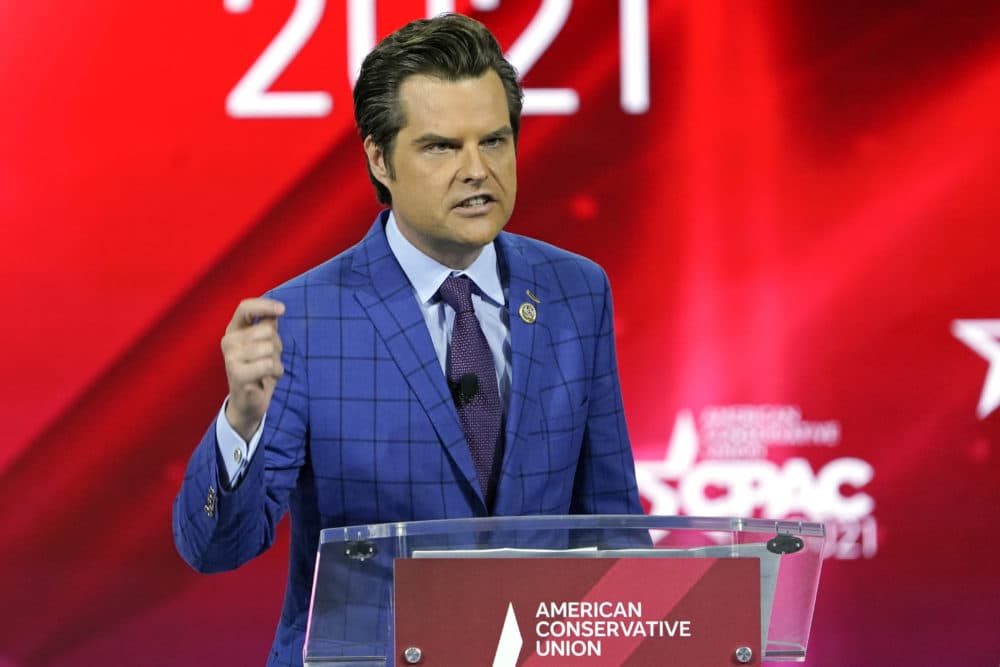 In this Feb. 26, 2021, file photo Rep. Matt Gaetz, R-Fla.,, speaks at the Conservative Political Action Conference (CPAC) in Orlando, Fla. (John Raoux/AP File)