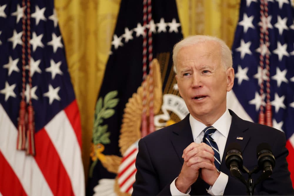 U.S. President Joe Biden answers questions during the first news conference of his presidency in the East Room of the White House on March 25, 2021 in Washington, D.C. (Chip Somodevilla/Getty Images)