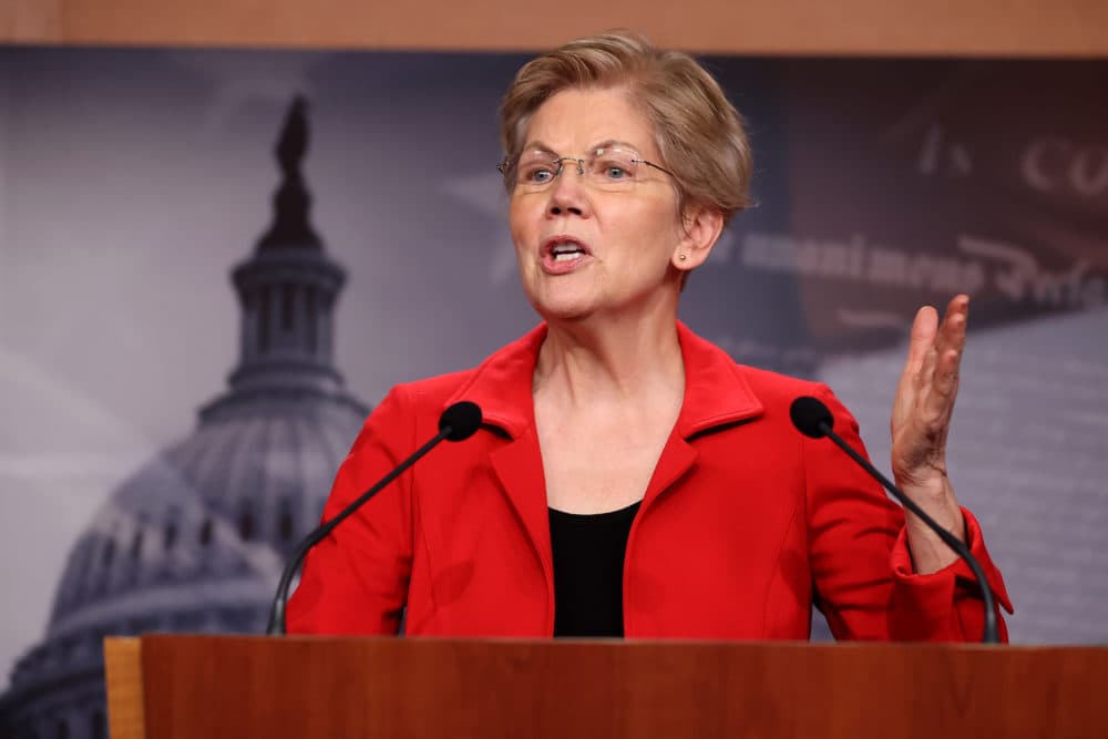 Sen. Elizabeth Warren (D-MA) holds a news conference to announce legislation that would tax the net worth of America's wealthiest individuals at the U.S. Capitol on March 1, 2021 in Washington, DC. (Chip Somodevilla/Getty Images)