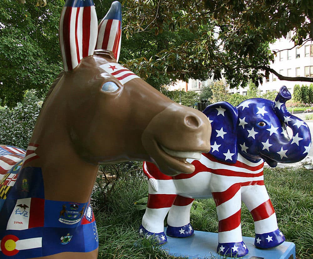 The symbols of the Democratic (donkey) and Republican (elephant) parties are seen on display in Washington, D.C. in 2008. (Karen Bleier/AFP/Getty Images)