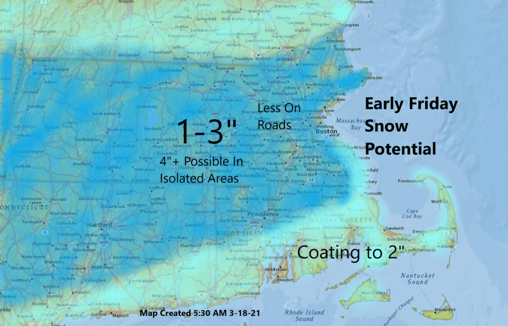 Most areas should get 1 to 3 inches of snow as a storm moves through the region overnight. (Dave Epstein for WBUR)