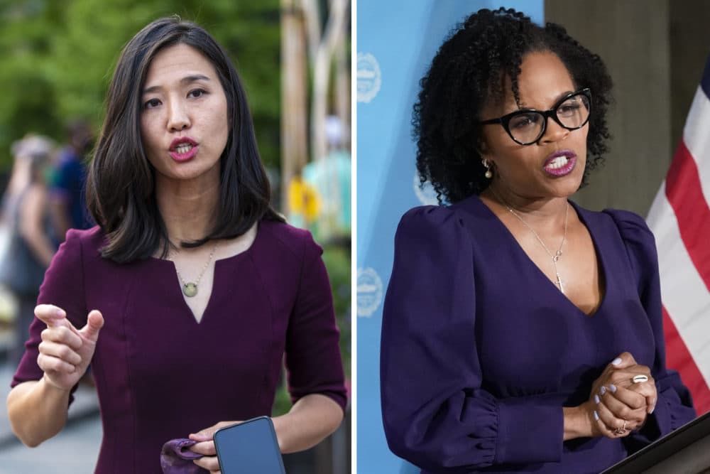 City Councilor Michelle Wu, left, and acting mayor Kim Janey are currently the front runners in the Boston mayoral race. (Photo of Wu by Jesse Costa/WBUR. Photo of Janey by Elise Amendola/AP)