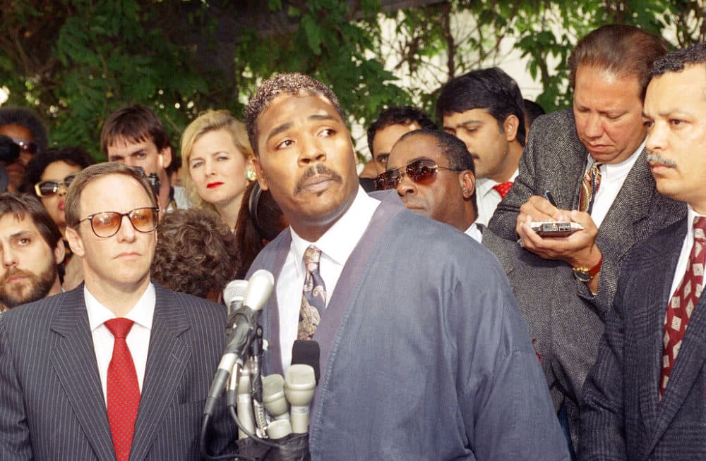 In this May 1, 1992 file photo, Rodney King makes a statement at a Los Angeles news conference, where he asked for an end to violence. When violent protests over the death of George Floyd reached Los Angeles, people of color expressed heartbreak but not necessarily surprise. They had seen it nearly 30 years ago when riots rocked the city after four white police officers were acquitted of charges in the beating of King. (AP Photo/David Longstreath, File)