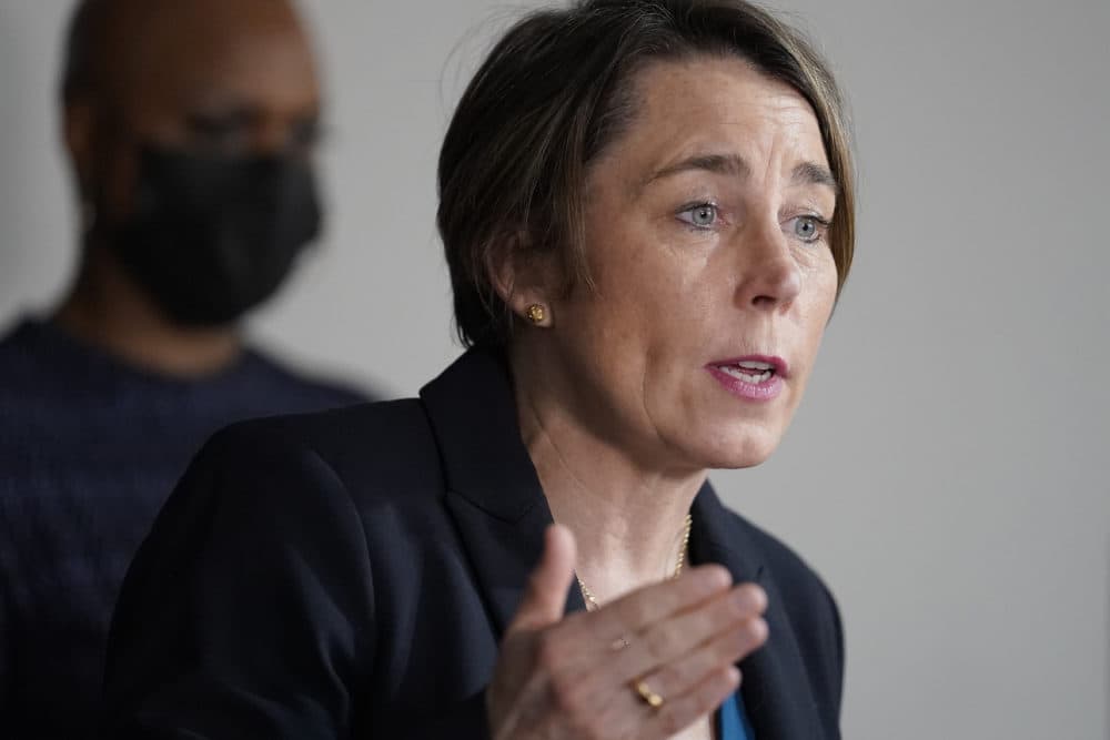 Mass. Attorney General Maura Healey, right, responds to questions from reporters as U.S. Rep. Ayanna Pressley, D-Mass., left, looks on during a news conference, April 1, 2021, in Boston. (/Steven Senne/AP)