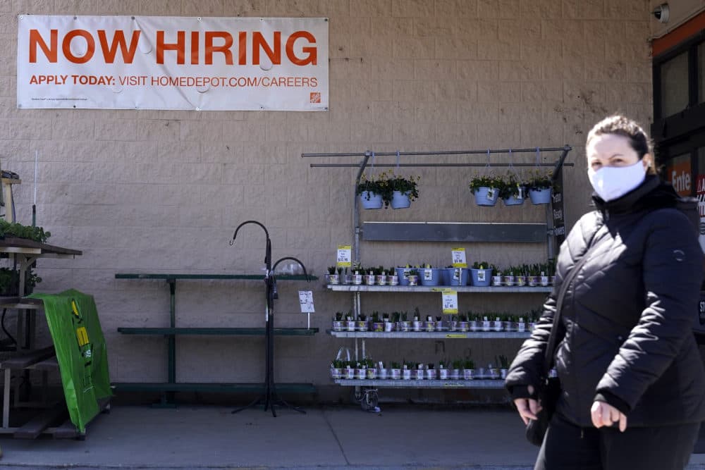 A hiring sign is seen outside home improvement store in Mount Prospect, Ill., April 2, 2021. (Nam Y. Huh/AP)