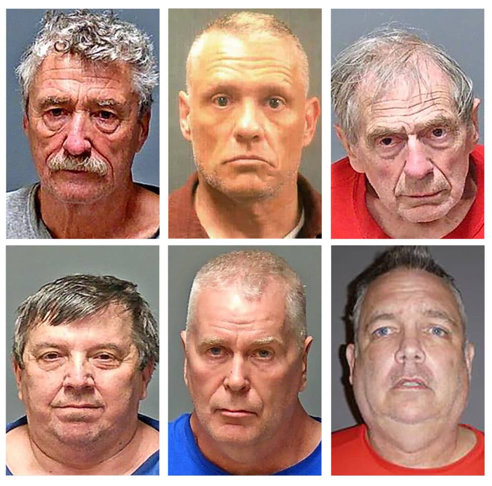 This combo of undated handout booking photos provided by the New Hampshire Attorney General's office shows, from top row left, Bradley Asbury, Jeffrey Buskey and Frank Davis; bottom row from left, Lucien Poulette, James Woodlock and Stephen Murphy. The six men were arrested Wednesday, April 7, 2021, in connection with sexual abuse allegations at New Hampshire's state-run youth detention center, the attorney general's office said. (New Hampshire Attorney General's Office via AP)