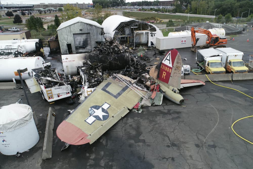 This photo, provided by the National Transportation Safety Board, shows damage from a World War II-era B-17 bomber plane that crashed on Oct. 2, 2019, at Bradley International Airport in Windsor Locks, Conn. (NTSB via AP, File)
