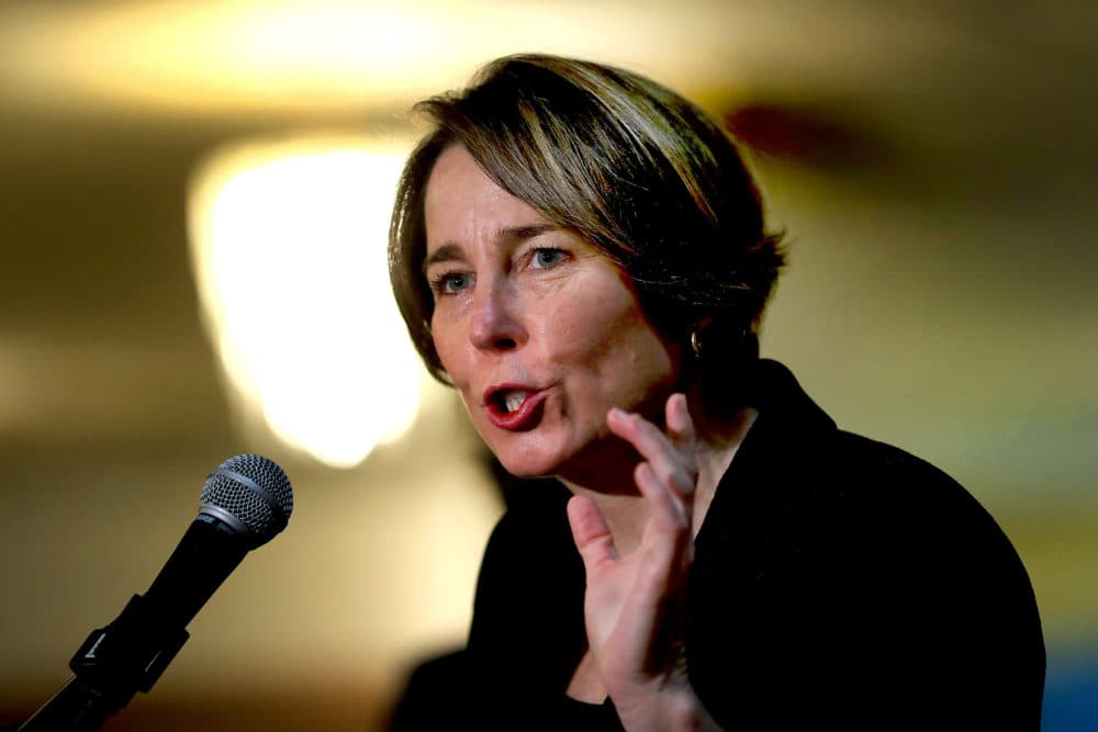 Attorney General and gubernatorial candidate Maura Healey speaks while visiting at the Russell Auditorium of the Codman Square Health Center in Boston's Dorchester on Feb. 23, 2021. (John Tlumacki/The Boston Globe via Getty Images)
