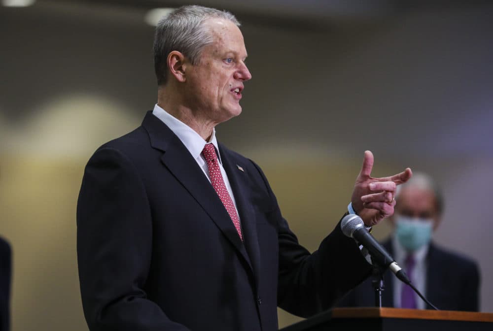 Gov. Charlie Baker speaks to press at the Hynes Convention Center FEMA Mass Vaccination Site on March 30, 2021 in Boston. (Erin Clark-Pool/Getty Images)
