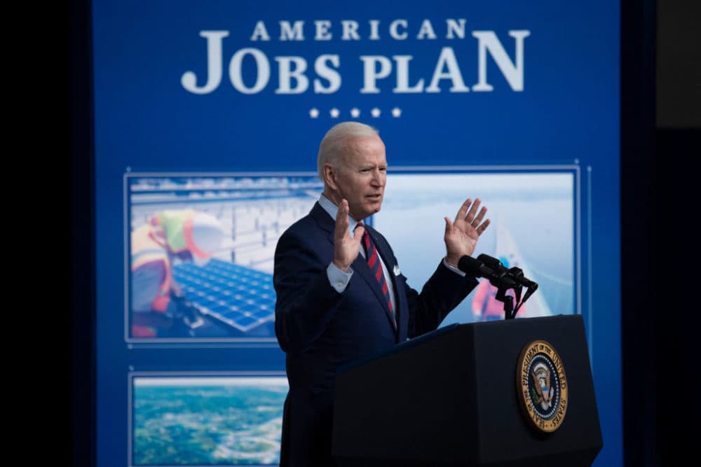President Joe Biden speaks about infrastructure investment from the Eisenhower Executive Office Building on the White House campus on April 7, 2021, in Washington, DC. (Brendan Smialowski/AFP via Getty Images)