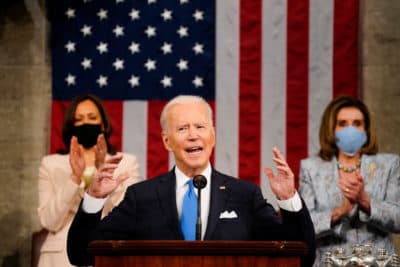 President Joe Biden addresses a joint session of Congress, with Vice President Kamala Harris and House Speaker Nancy Pelosi (D-CA) on the dais behind him on April 28, 2021 in Washington, DC. (Melina Mara-Pool/Getty Images)