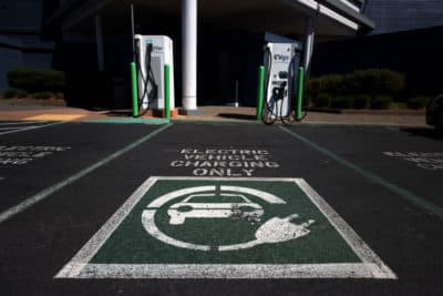 A view of electric car chargers on Sept. 23, 2020 in Corte Madera, California. (Justin Sullivan/Getty Images)