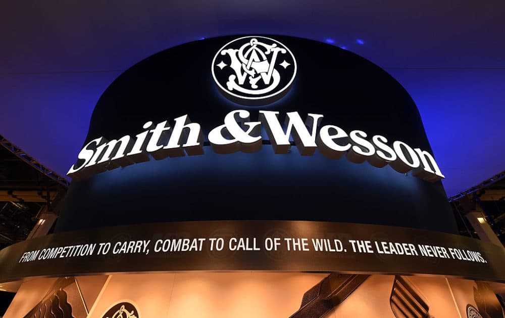A sign at the Smith & Wesson booth is shown at the 2016 National Shooting Sports Foundation's Shooting, Hunting, Outdoor Trade Show in 2016 in Las Vegas, Nevada. (Ethan Miller/Getty Images)