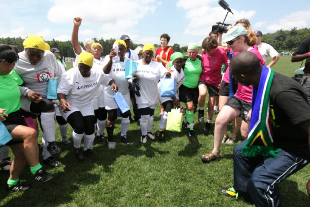 The Soccer Grannies dancing with the author's soccer team, the Lexpressas, in 2010, in Lancaster, Mass. (Tessa Gordon)