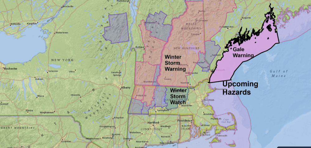 Watches and warnings are posted for much of the northeast. (NOAA Data/Dave Epstein for WBUR)