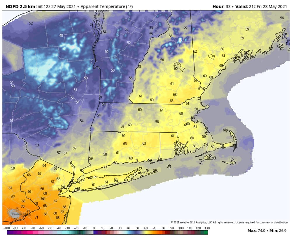 It will be quite cool on Friday compared to the past several days. (Courtesy WeatherBELL)