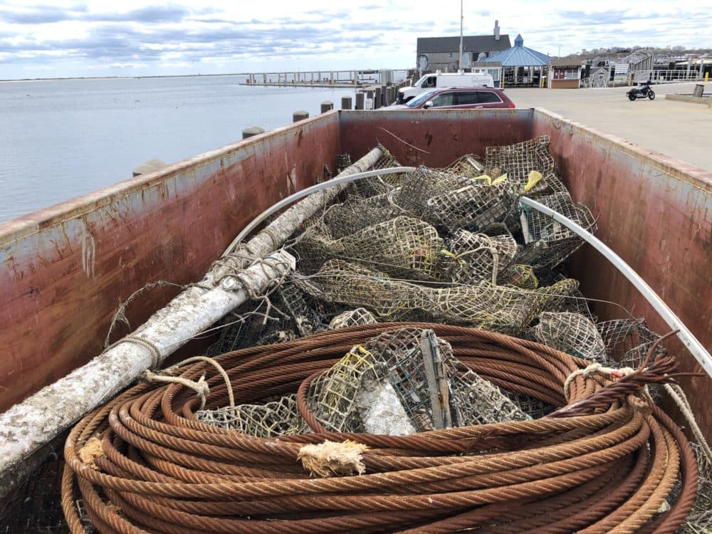 Lobster traps, steel wire cable and rigging spars, all removed from Cape Cod Bay, headed for the metal recycling yard. (Courtesy Center for Coastal Studies)