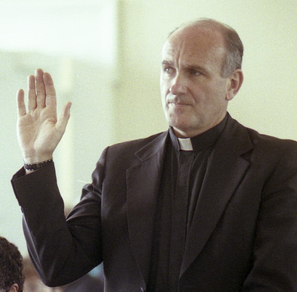 Rev. Richard R. Lavigne, a Roman Catholic priest, pleads guilty in superior court to two counts of indecently assaulting two adolescent boys, in this June 25, 1992 file photo, in Newburyport, Mass. Investigators were preparing to seek an arrest warrant for the defrocked Roman Catholic priest long considered a suspect in the 1972 killing of a western Massachusetts altar boy shortly before his death last week, a prosecutor said Monday, May 24, 2021. (Scott Maguire/AP File)