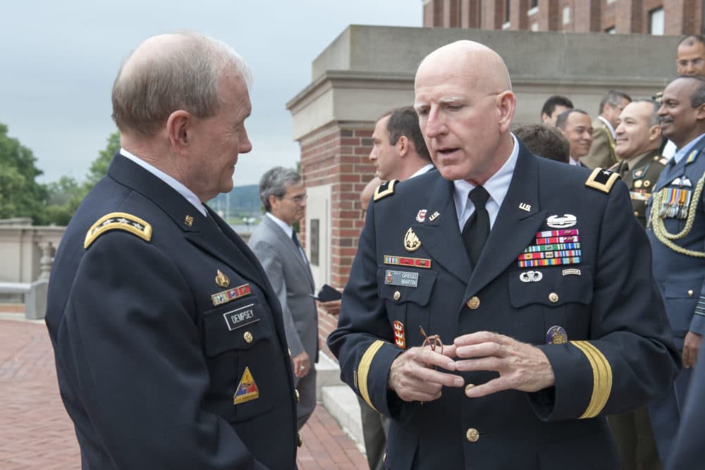 Maj. Gen. Gregg Martin, president of National Defense University in Washington D.C. speaks with Chairman of the Joint Chiefs of Staff Gen. Martin Dempsey in June of 2014. (Courtesy Dept. of Defense; photo by Specialist 1st Class Daniel Hinton)