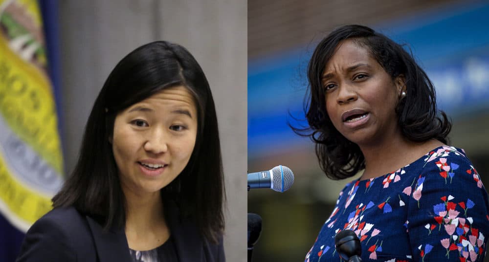 Michelle Wu and Andrea Campbell. (Elise Amendola/AP and Jesse Costa/WBUR, composite image)