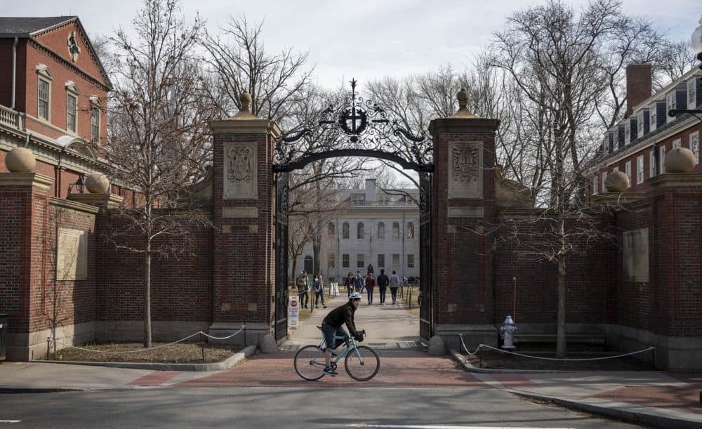 A cyclist rides past the Johnston Gate entrance to Harvard Yard. (Robin Lubbock/WBUR)