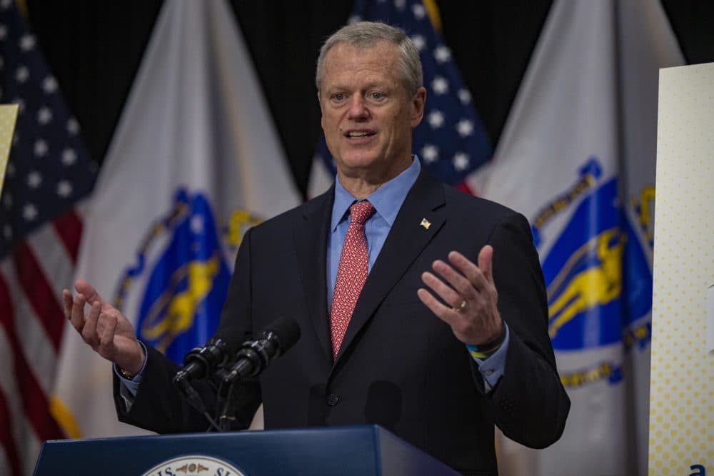 Gov. Charlie Baker announces the end of the state of emergency on June 15. (Jesse Costa/WBUR)