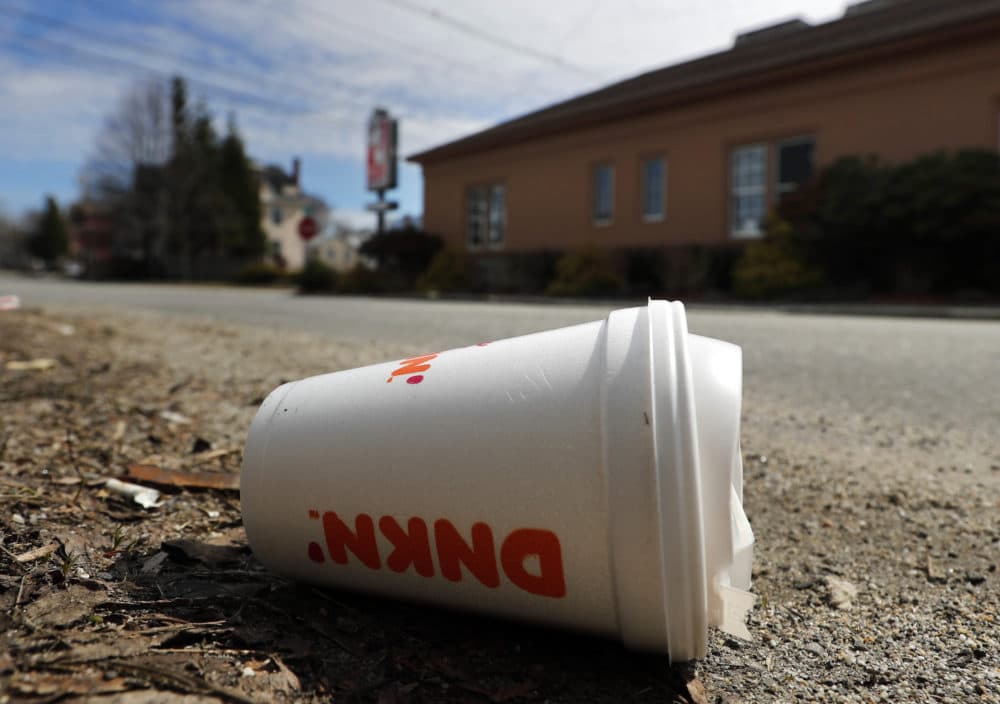 A coffee cup made from polystyrene foam, commonly known as Styrofoam, lies on the side of a road in Augusta, Maine. (Robert F. Bukaty/AP)