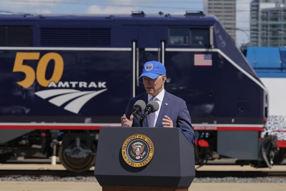 President Biden spoke at an event to mark Amtrak's 50th anniversary in April. (Patrick Semansky/AP)