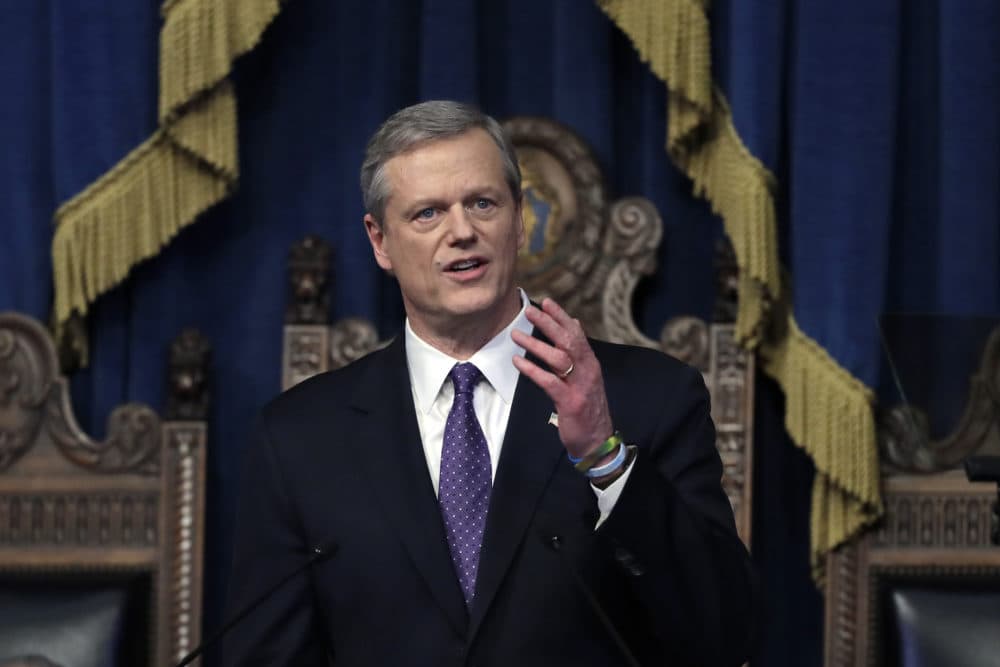 In this Tuesday, Jan. 21, 2020 file photo, Massachusetts Gov. Charlie Baker delivers his state of the state address in the House Chamber at the Statehouse in Boston. (AP Photo/Steven Senne, File)