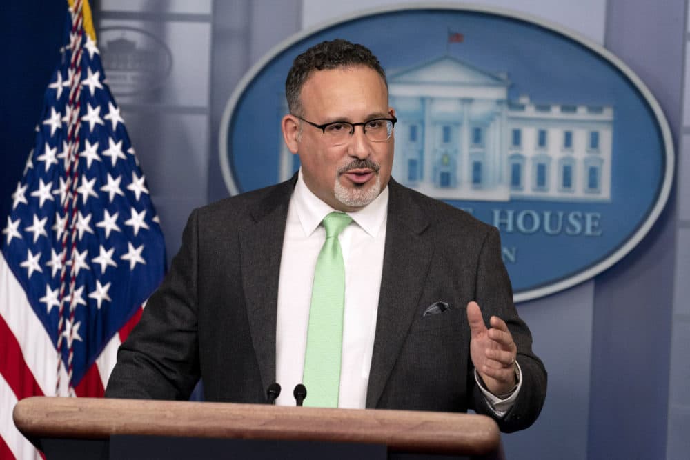 In this March 17, 2021, file photo, Education Secretary Miguel Cardona speaks during a press briefing at the White House in Washington. The U.S. Education Department on Wednesday, June 16, expanded its interpretation of federal sex protections to include transgender and gay students, a move that reverses Trump-era policy and stands against proposals in many states to bar transgender girls from school sports. (Andrew Harnik/AP File)