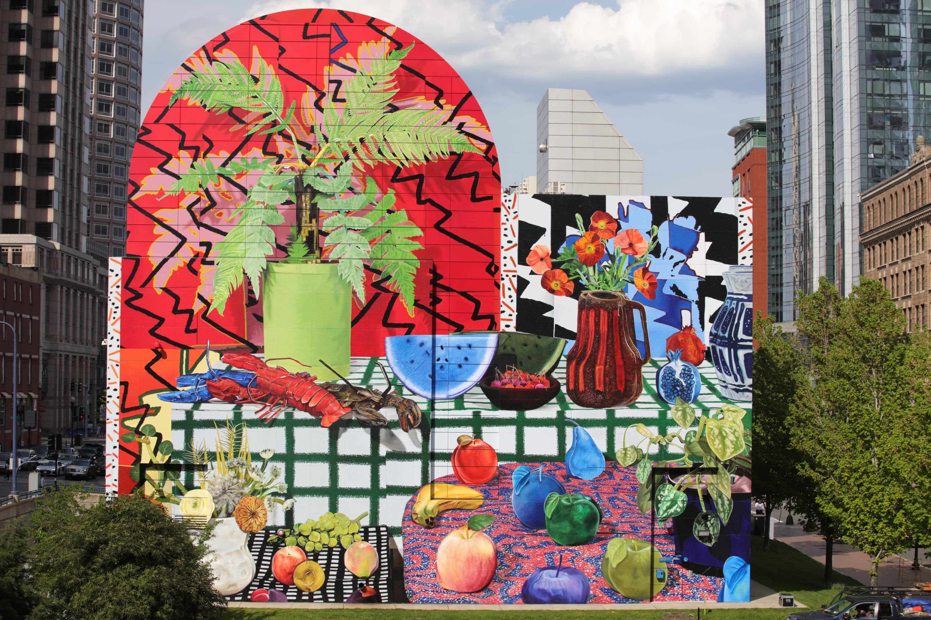 Daniel Gordon's new mural &quot;Summer Still Life with Lobsters and Fern&quot; brings vibrancy to Dewey Square along the Greenway. (Courtesy Haybe Todd)