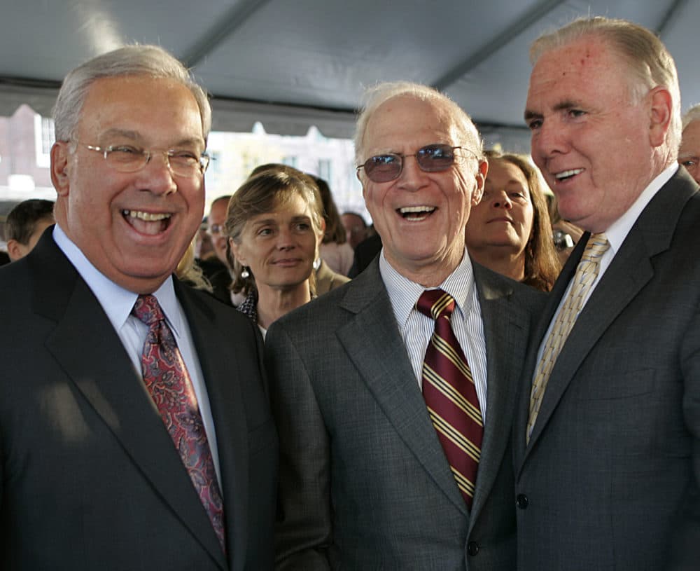 Former Boston mayors Tom Menino, Kevin White and Ray Flynn enjoy a laugh at White's statue dedication at Faneuil Hall in Boston in 2006. (David L Ryan/The Boston Globe via Getty Images)