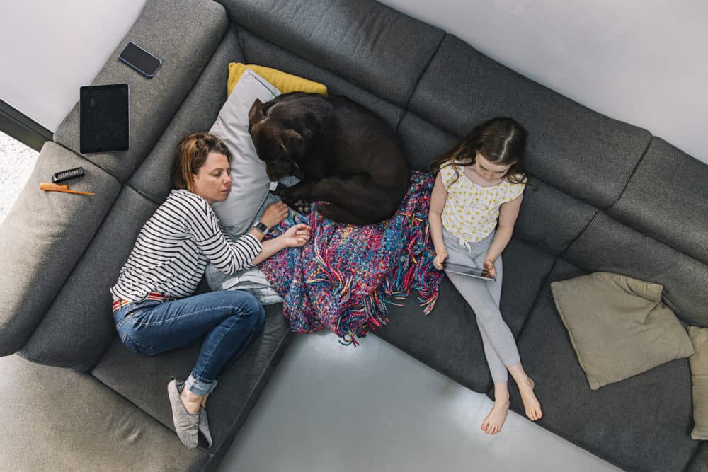 Overhead view of woman, her daughter and pet dog on the sofa. (Getty)