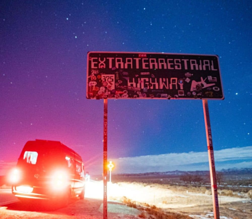 A converted Sprinter campervan is seen next to the Extraterrestrial Highway sign at the junction of state Routes 138 and 375 on January 23, 2021 in Lincoln County, Nevada. (Josh Brasted/Getty Images)