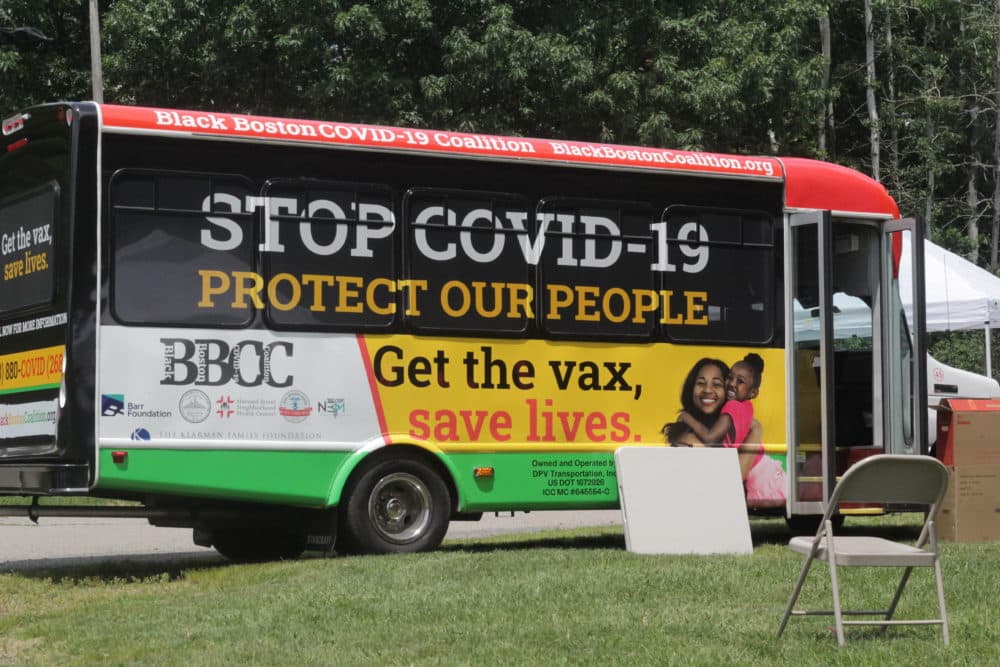 A mobile COVID-19 vaccination site, part of the &quot;Taking It To The Streets&quot; initiative by the Black Boston COVID-19 Coalition. (Quincy Walters/WBUR)
