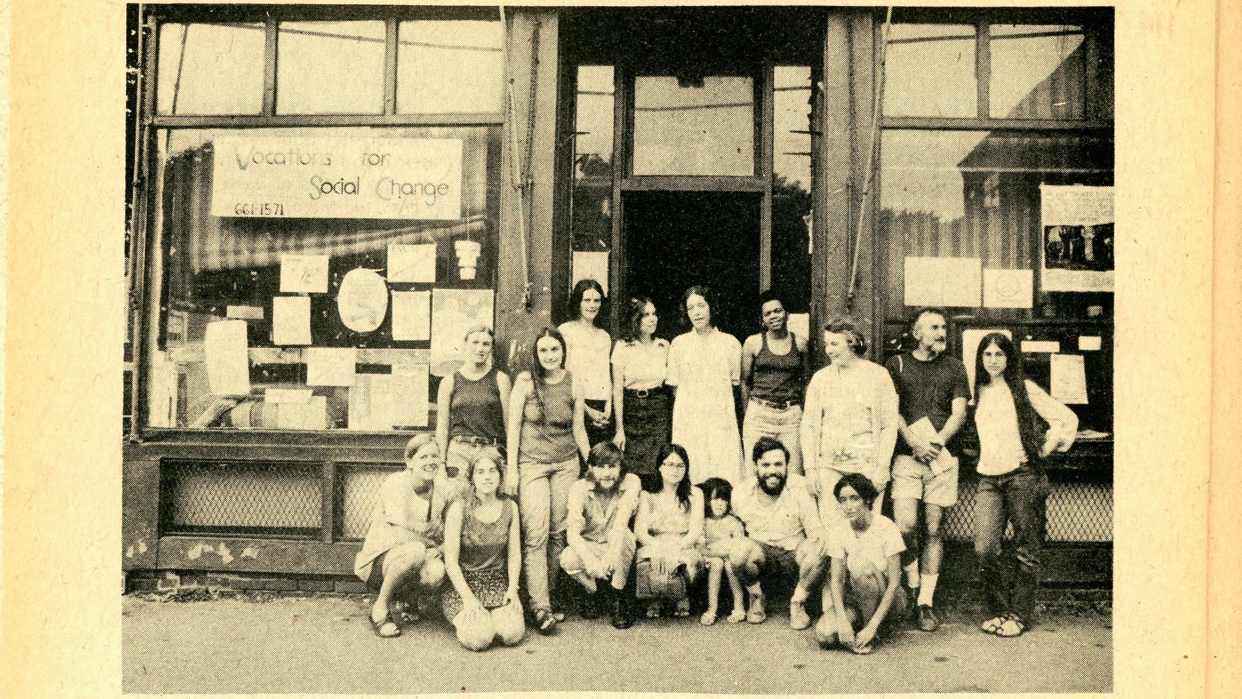 A photo from the 1976 edition of the People's Yellow Pages shows the publication's volunteers assembled before the Vocations for Social Change office in Cambridge. (Courtesy Shelley Rotner)