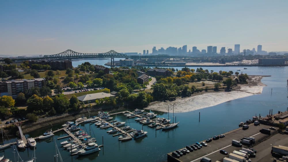 This image shows Island End River in Chelsea, with the marsh, boardwalk, Island End Park and Admiral's Hill Marina. The Mystic River is in the distance. (Ibrahim Lopez-Hernandez for GreenRoots)