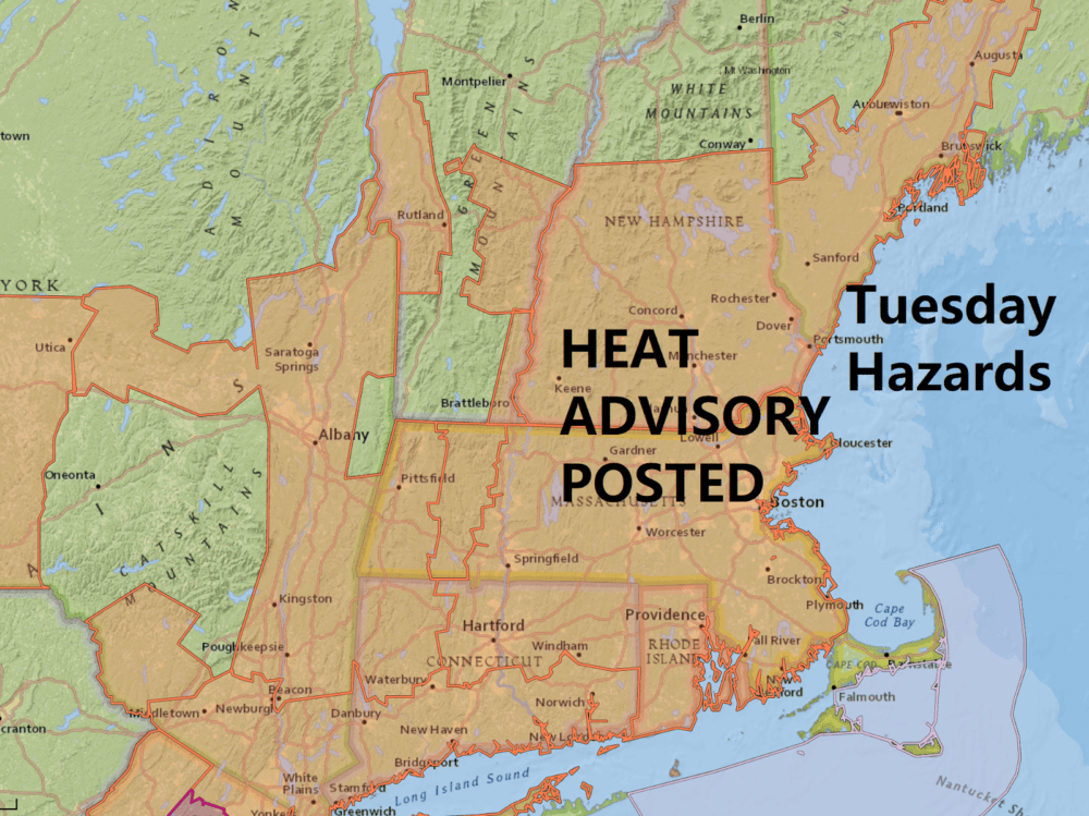 The National Weather Service has issued a heat advisory for these conditions that will continue through Wednesday. (Dave Epstein using NOAA Data/WBUR)