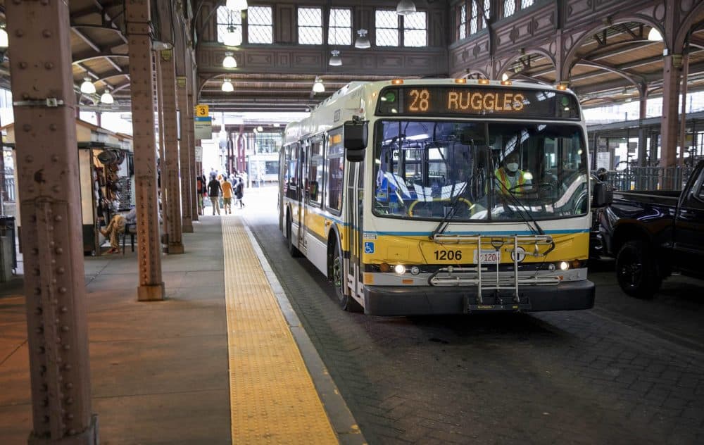 A 28 bus to Ruggles drives through the Nubian Square bus station. (Robin Lubbock/WBUR)