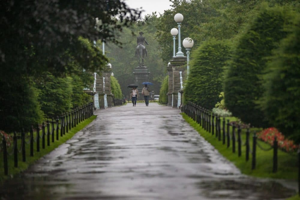 Two people with umbrellas walk over the bridge at the Boston Public Garden as Tropical Storm Elsa arrives in the area. (Jesse Costa/WBUR)