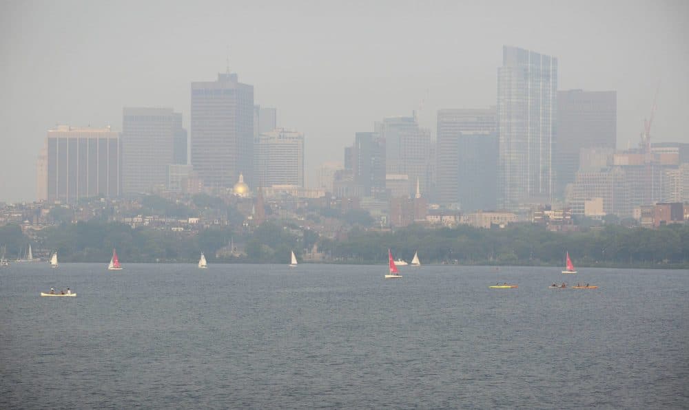 Boston seen through a smoky haze on Monday evening. (Robin Lubbock/WBUR)