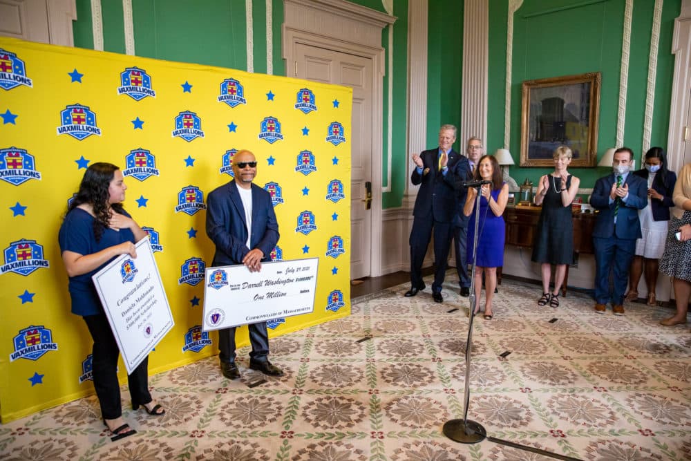 The winner of this week’s $1 million prize is Darrell Washington of Weymouth, and the winner of the $300,000 college scholarship is Daniela Maldonado of Chelsea. (Courtesy Joshua Qualls/Governor’s Press Office)