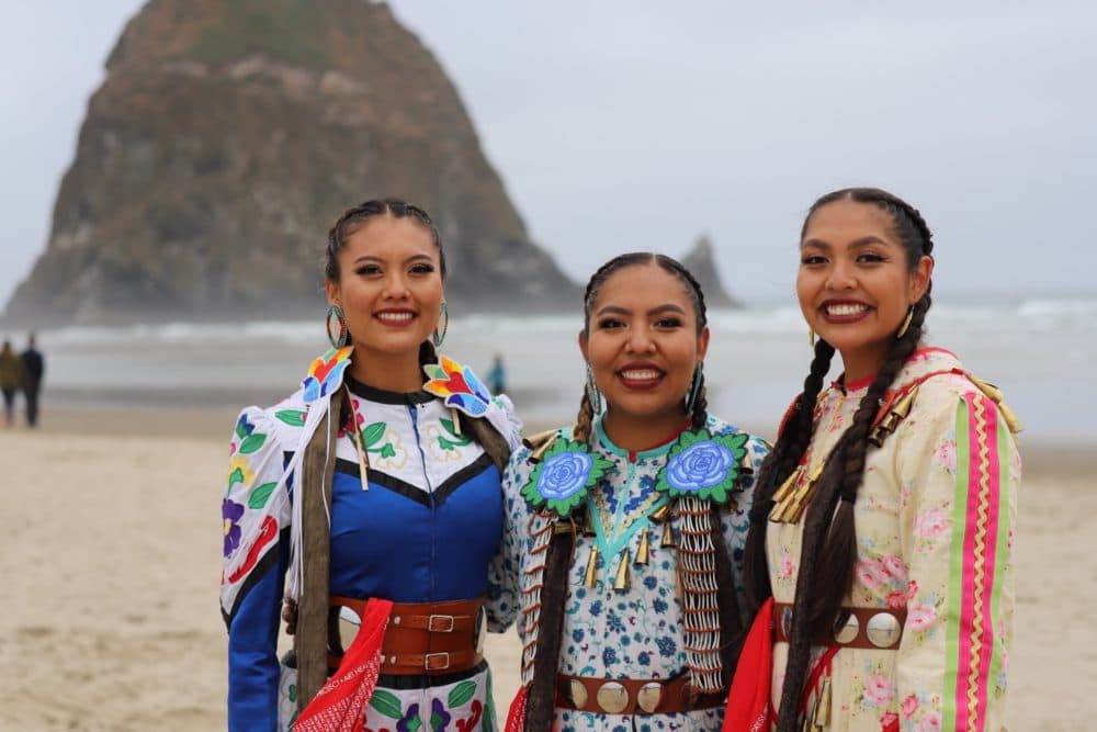 From left to right: Sunni Begay, Erin Tapahe, and Dion Tapahe are traveling the country as part of the Jingle Dress Project. (Margaret Bull)