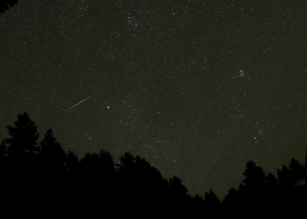 In this 20-second exposure, a meteor streaks across the night sky above trees near Moscow, Idaho in the early hours of Tuesday, Aug. 14, 2018 during the Perseid Meteor Shower. The annual event can produce dozens of meteors an hour. (Ted S. Warren/AP)