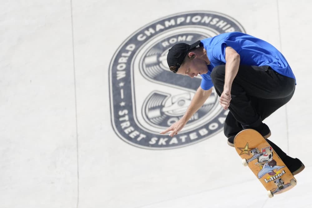 Jake Ilardi of the United States competes in the Street Skateboarding World Championships finals, a qualifying event for Tokyo Olympic Games, in Rome on June 6, 2021. (Alessandra Tarantino/AP)