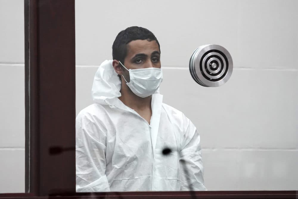 Khaled Awad is arraigned on charges of stabbing a rabbi near a Jewish day school, in Brighton District Court in Boston, Friday July 2, 2021. (Mary Schwalm/Boston Herald via AP)